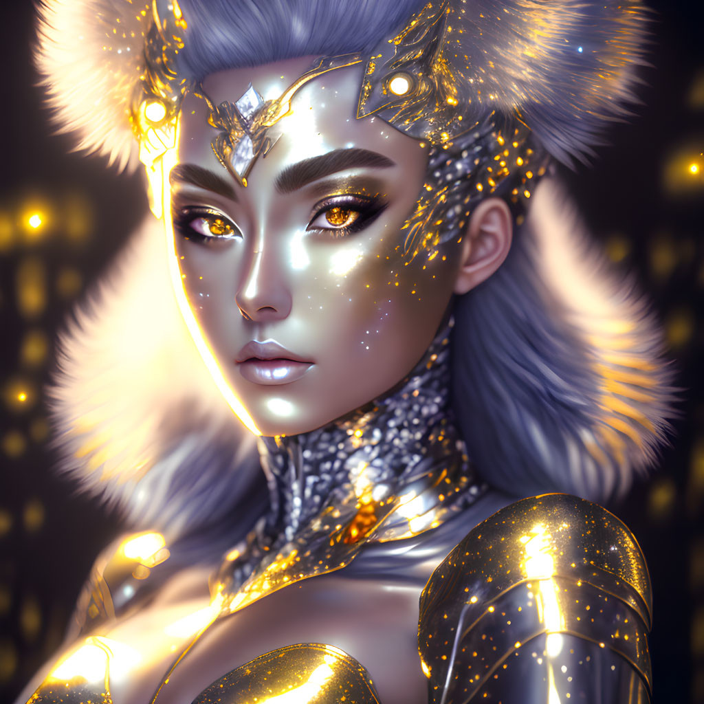 Digital artwork of female with glowing, starry skin in golden armor and crown, set against soft lights