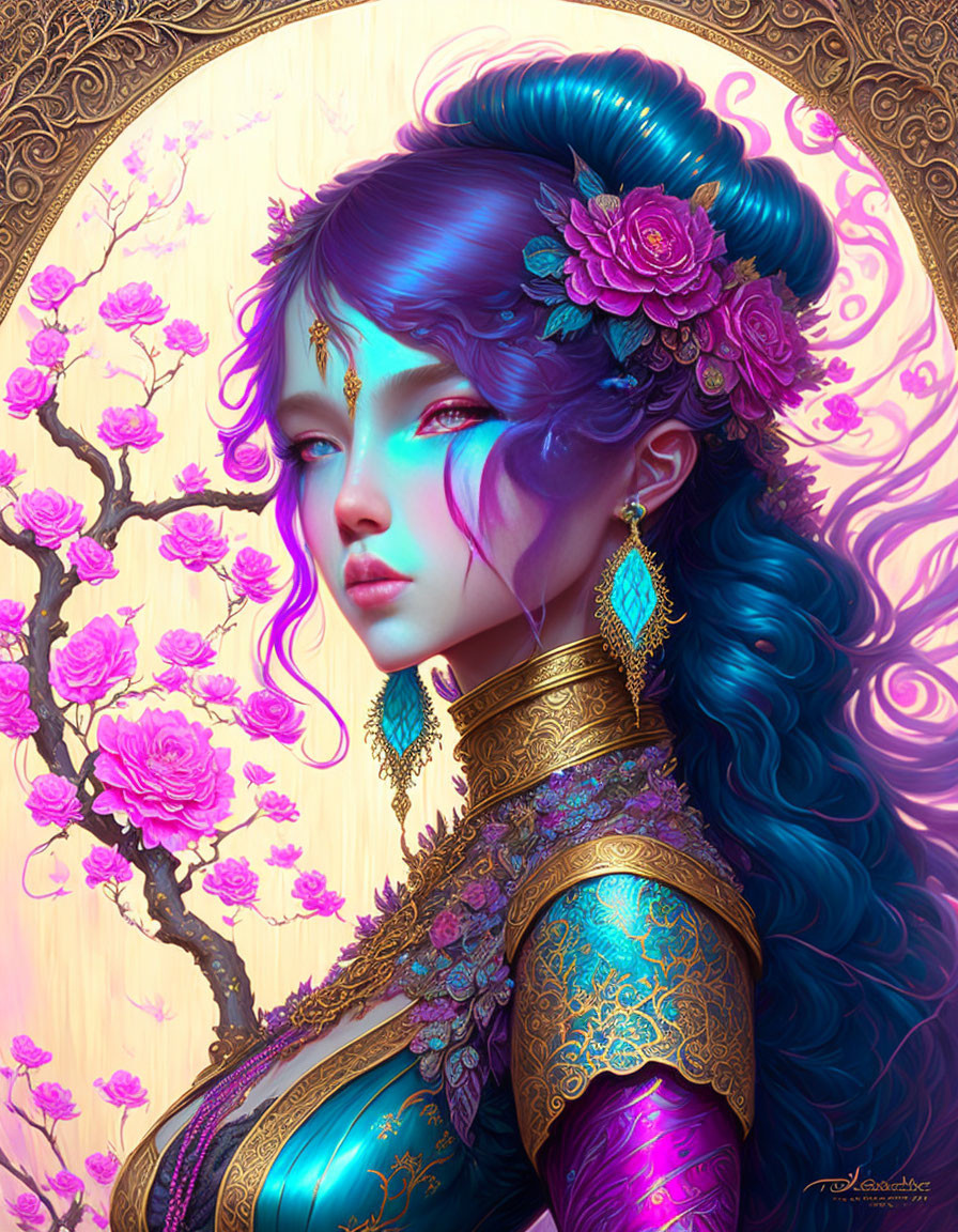 Blue-skinned woman in golden armor with flowers in hair, amid pink blossoming trees.