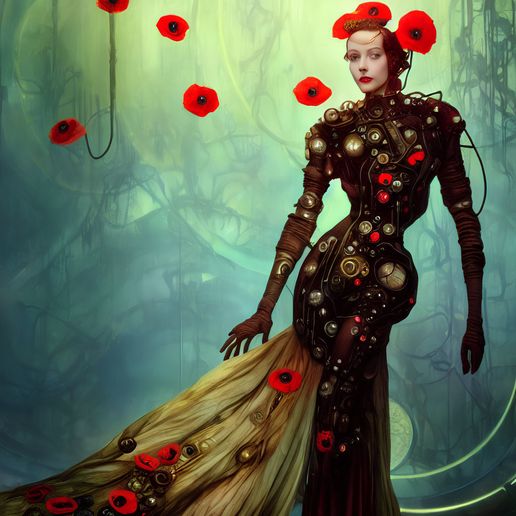 Digital artwork of woman with steampunk mechanical body and poppies against green ethereal background