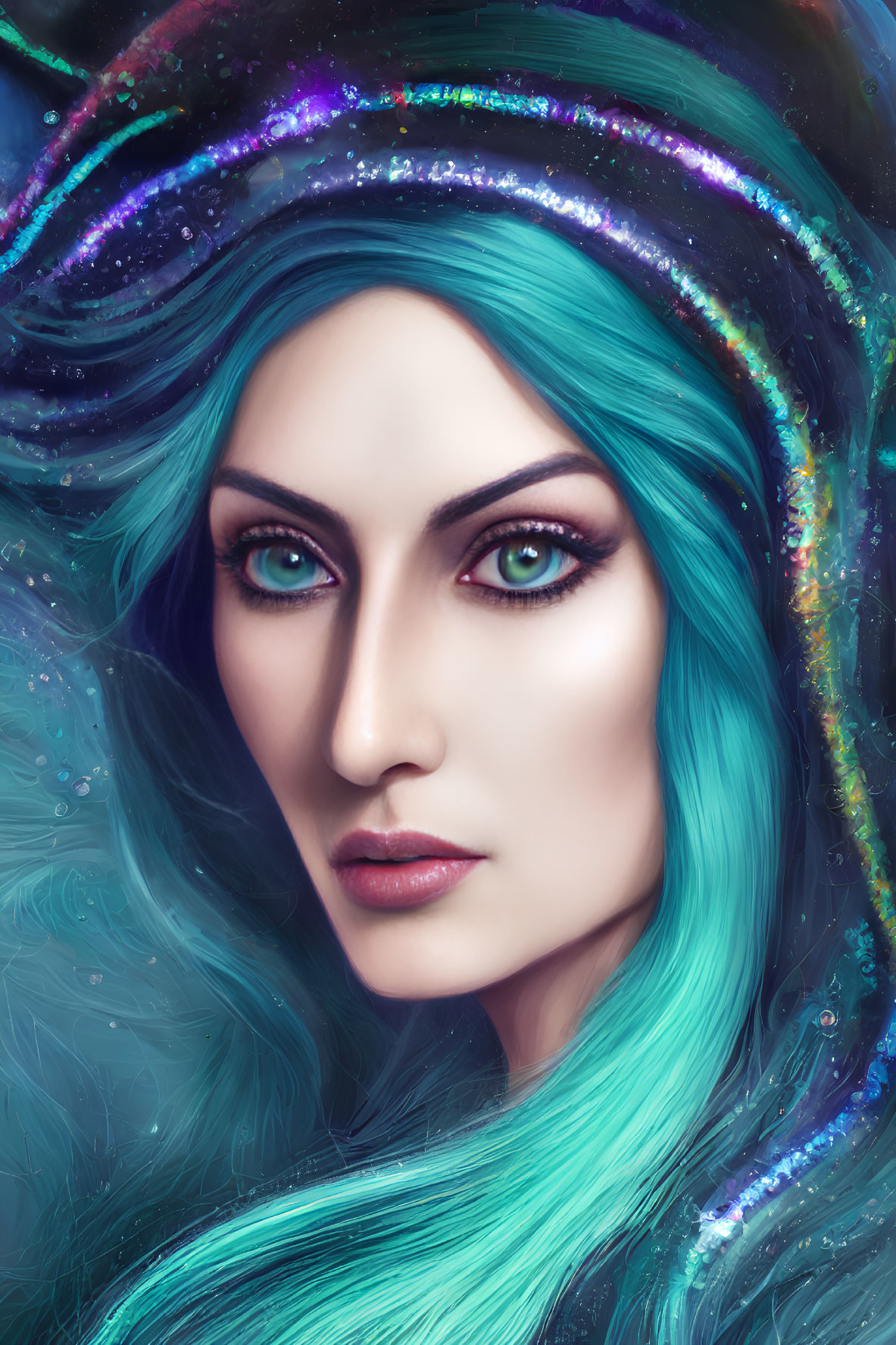 Digital portrait: Woman with turquoise hair & purple eyes in cosmic hood