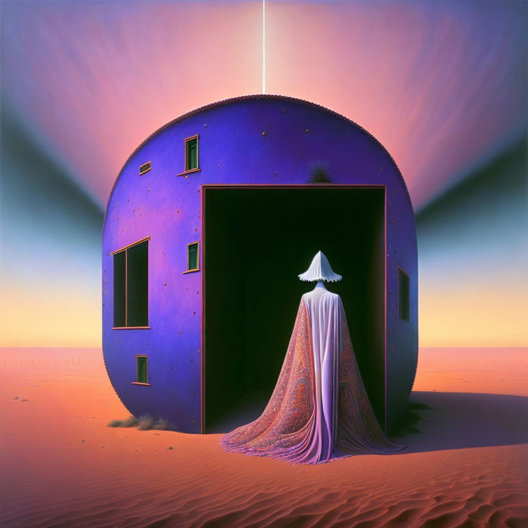 Surreal cloaked figure entering purple building in desert landscape