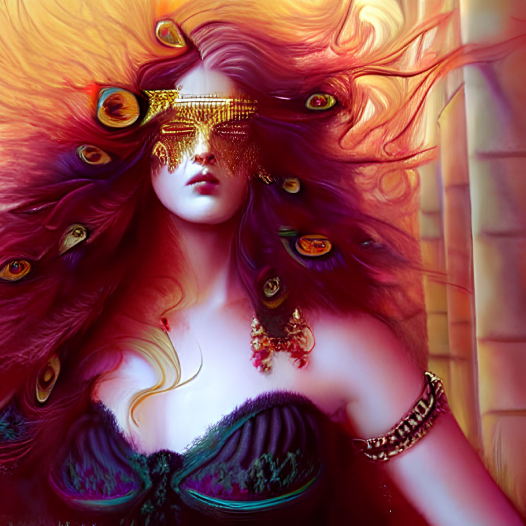 Colorful digital artwork of a woman with pink and purple hair, peacock feathers, and a golden