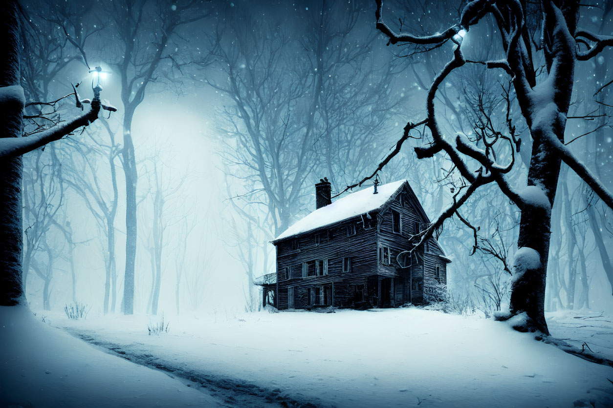 Glowing windows illuminate old two-story house in snowy forest at night