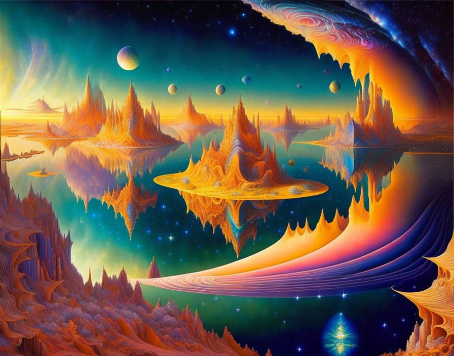 Surreal landscape with floating islands and starry skies