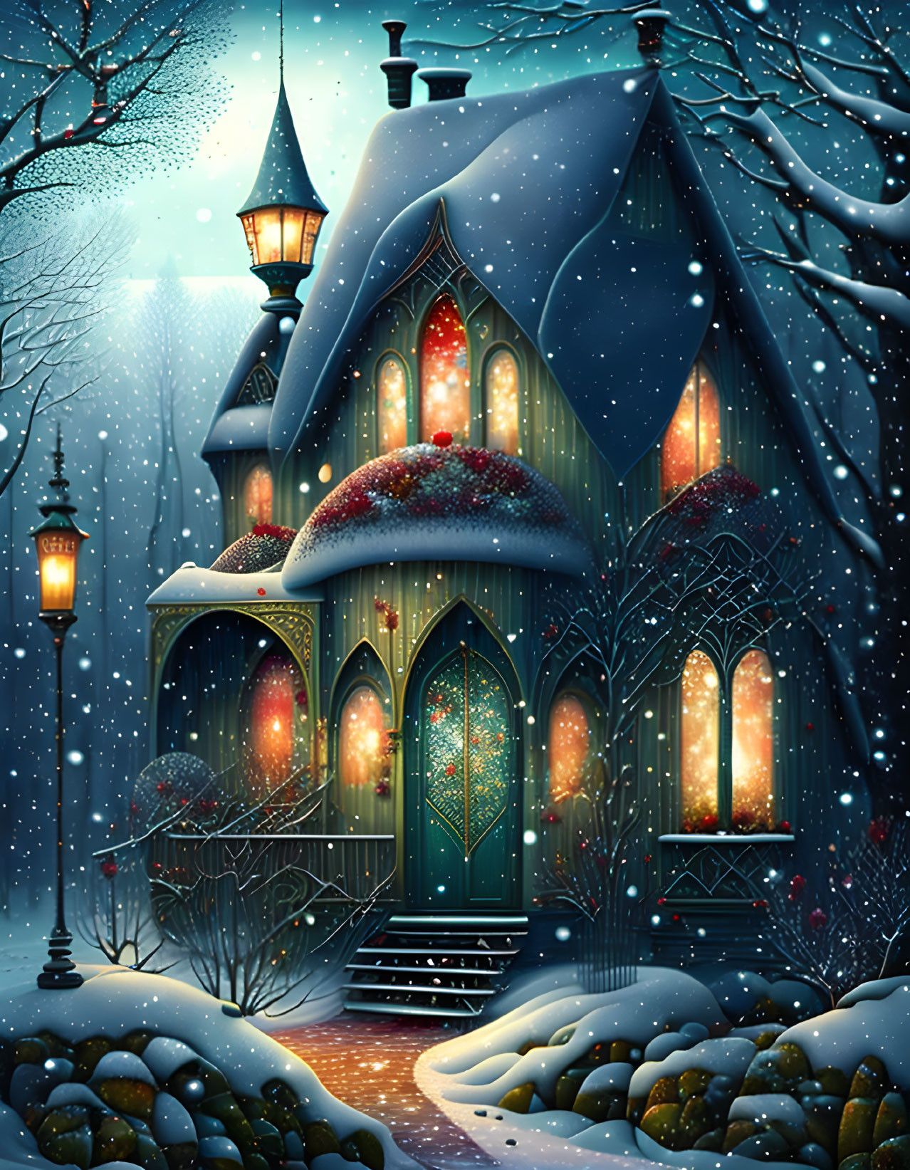 Snow-covered house with glowing windows and wintry trees in festive scene