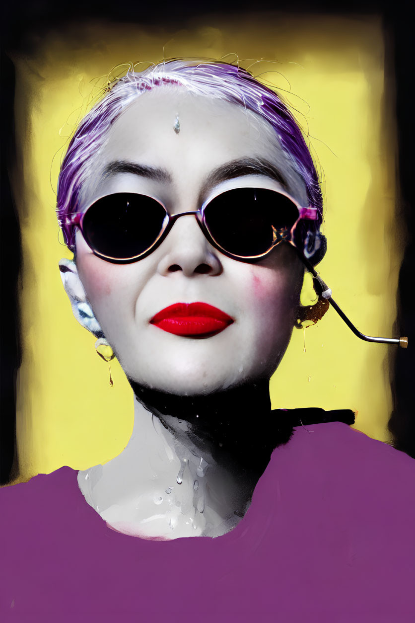 Stylized portrait of a person with purple hair and sunglasses