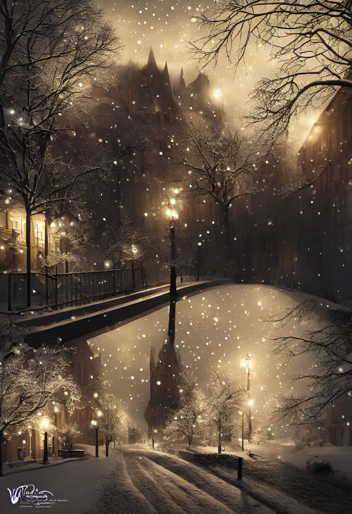 Snow-covered night street with lit lamps, bridge, and gothic building in snowfall.