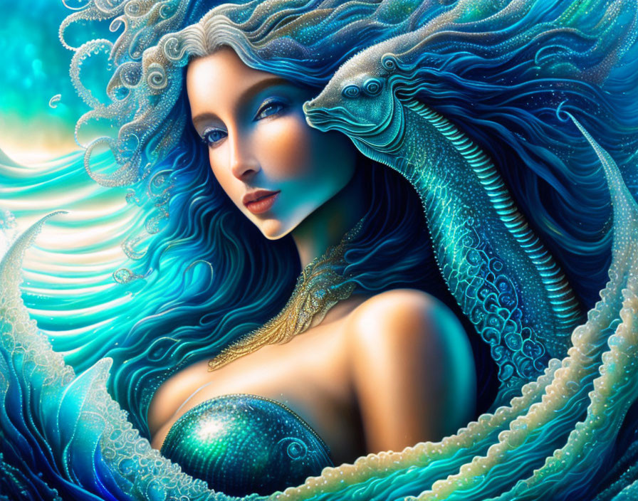 Mermaid with Blue Hair and Dolphin in Oceanic Theme