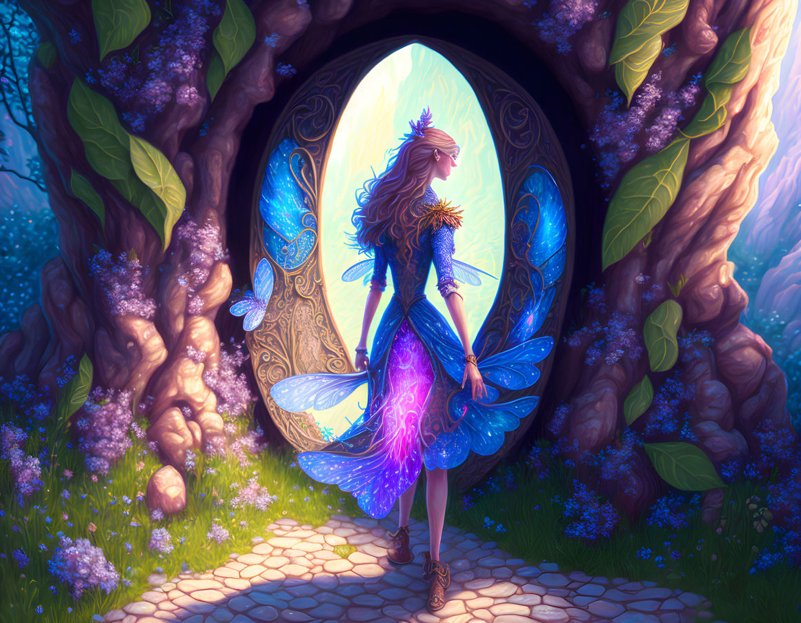 Luminous fairy with wings and crown at magical tree portal