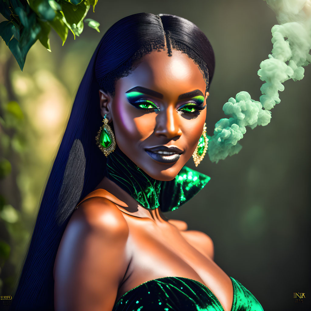 Vibrant digital artwork featuring woman with green eye makeup