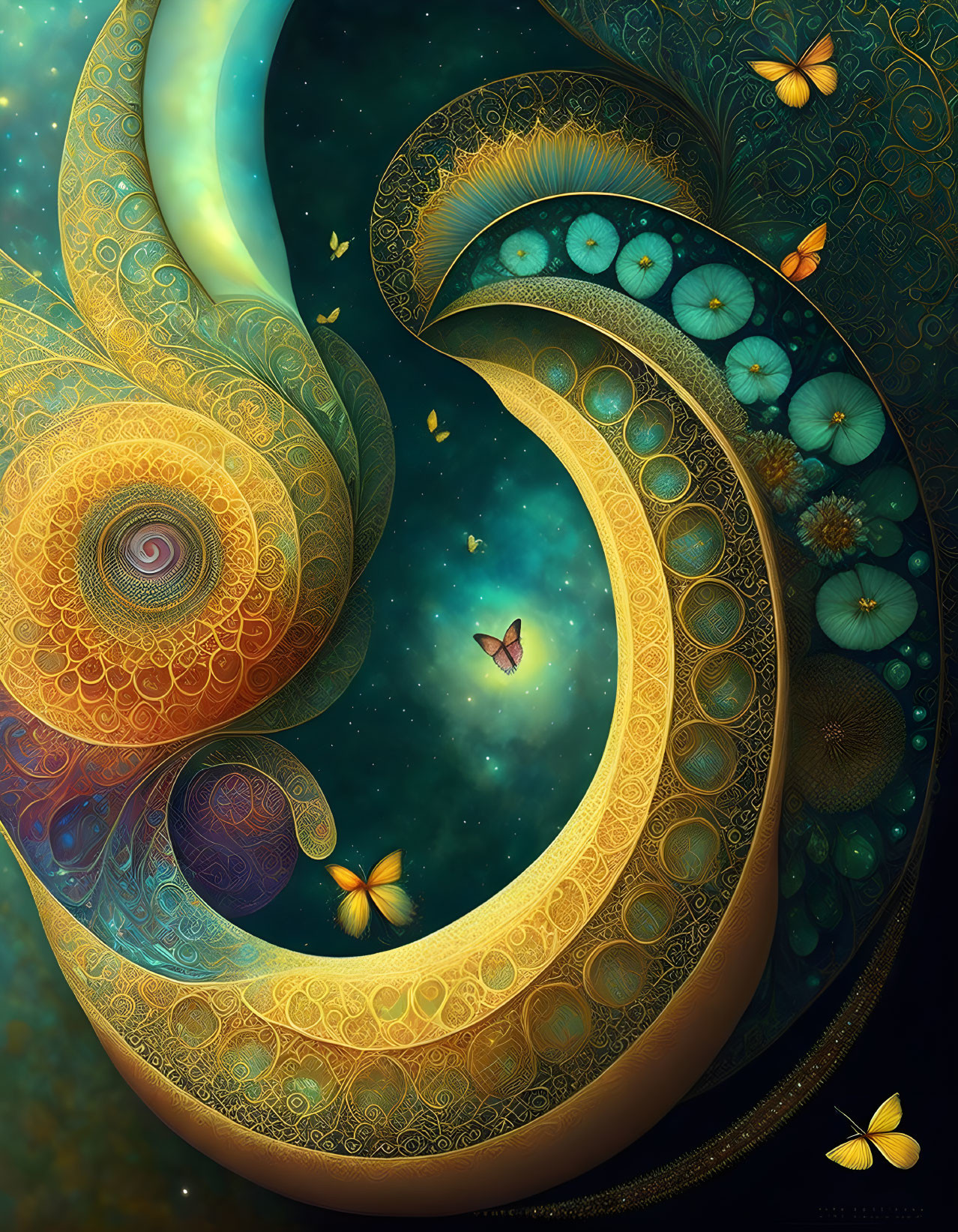 Colorful digital artwork: Nautilus shell, butterflies, celestial elements