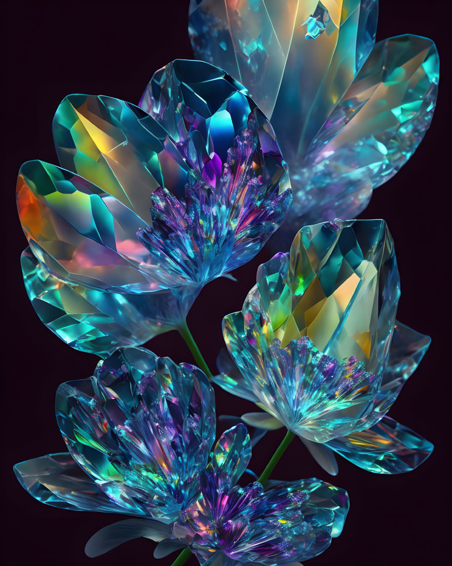 Iridescent Flowers: Digital Illustration of Translucent Petals in Blue and Purple