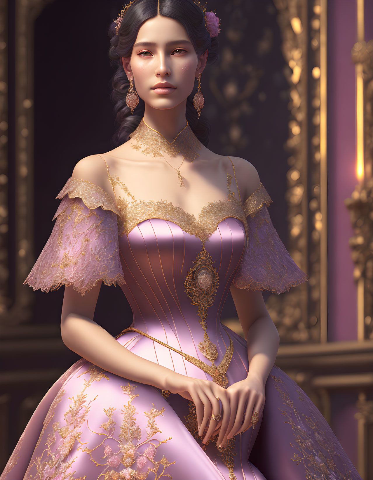 Victorian woman in pink dress with lace sleeves in ornate room