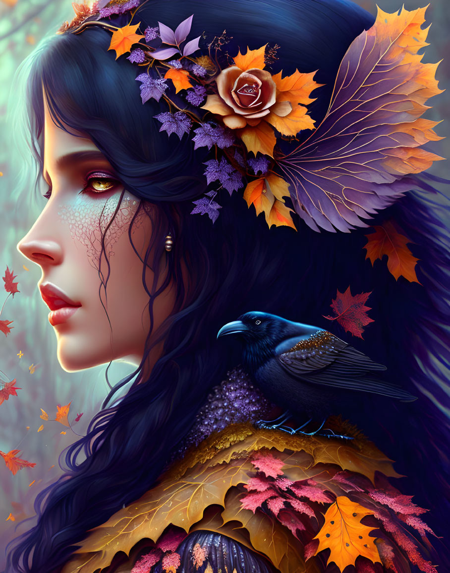 Illustration: Woman with autumn leaves, flowers, raven, and feathers.