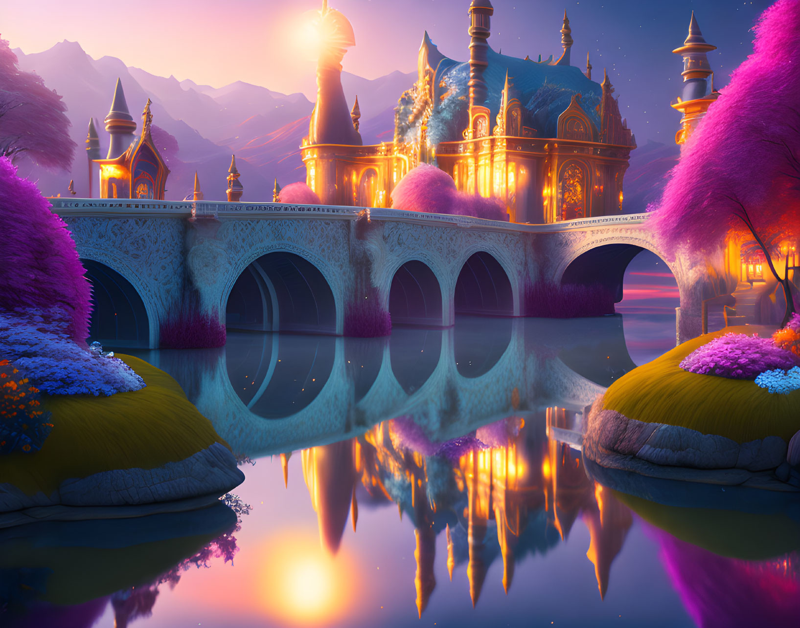 Majestic bridge and palace in vibrant fantasy landscape