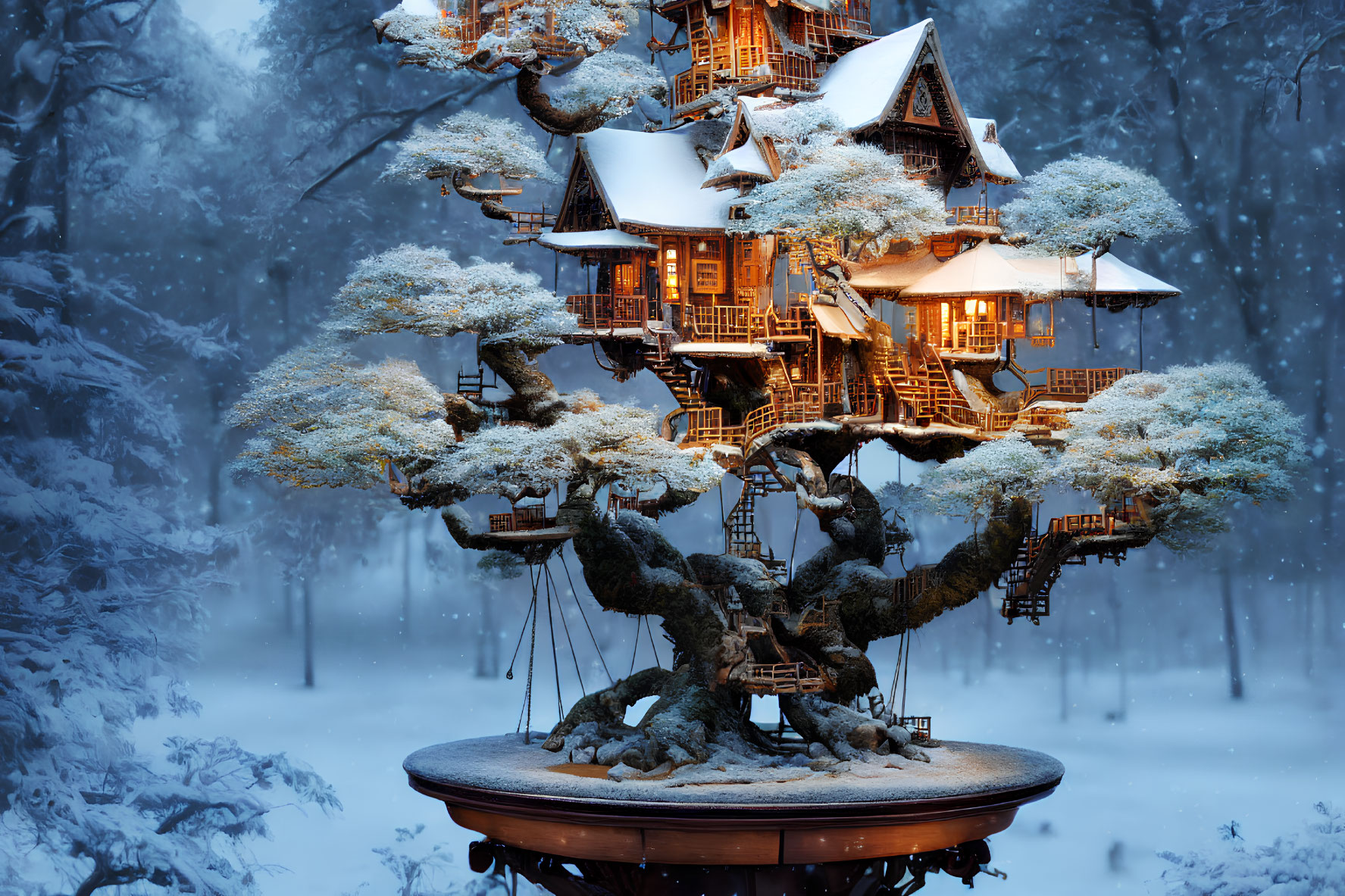 Elaborate miniature treehouse on bonsai tree in snowy forest