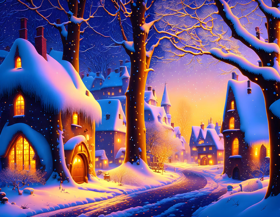 Snow-covered winter village with glowing windows and starlit sky