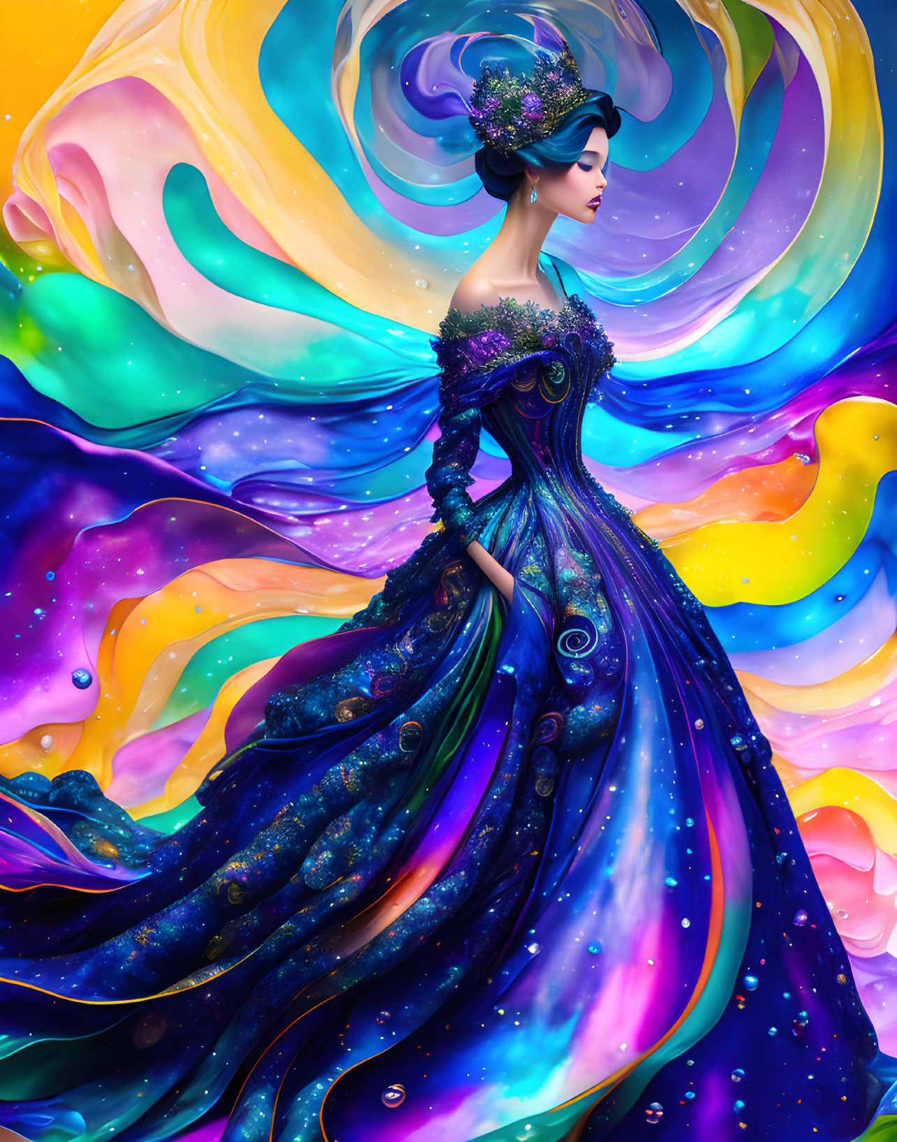 Woman in blue and purple dress with floral crown on cosmic background