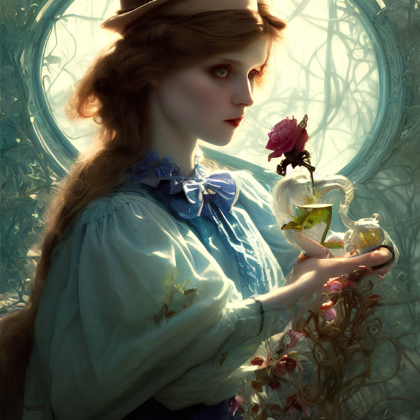 Victorian-era woman in blue dress with rose bottle and greenery portrait