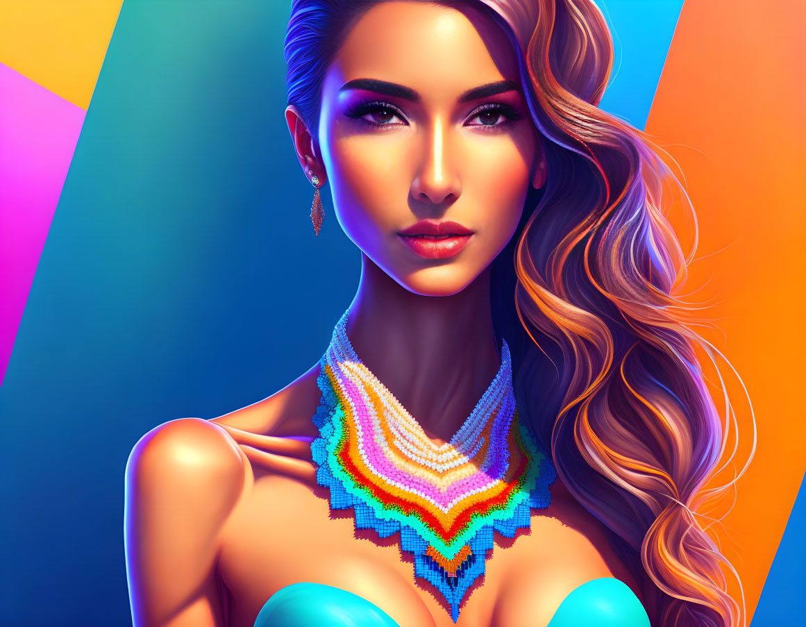 Colorful digital portrait of woman with flowing hair and beaded necklace on geometric background