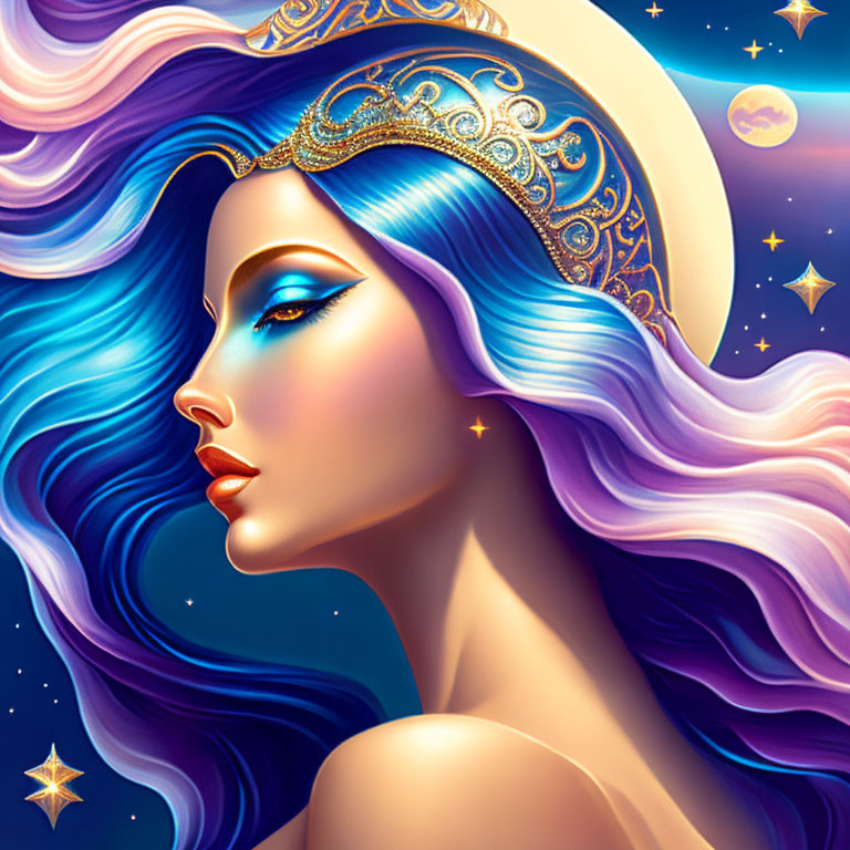 Stylized illustration of woman with blue hair in cosmic background.