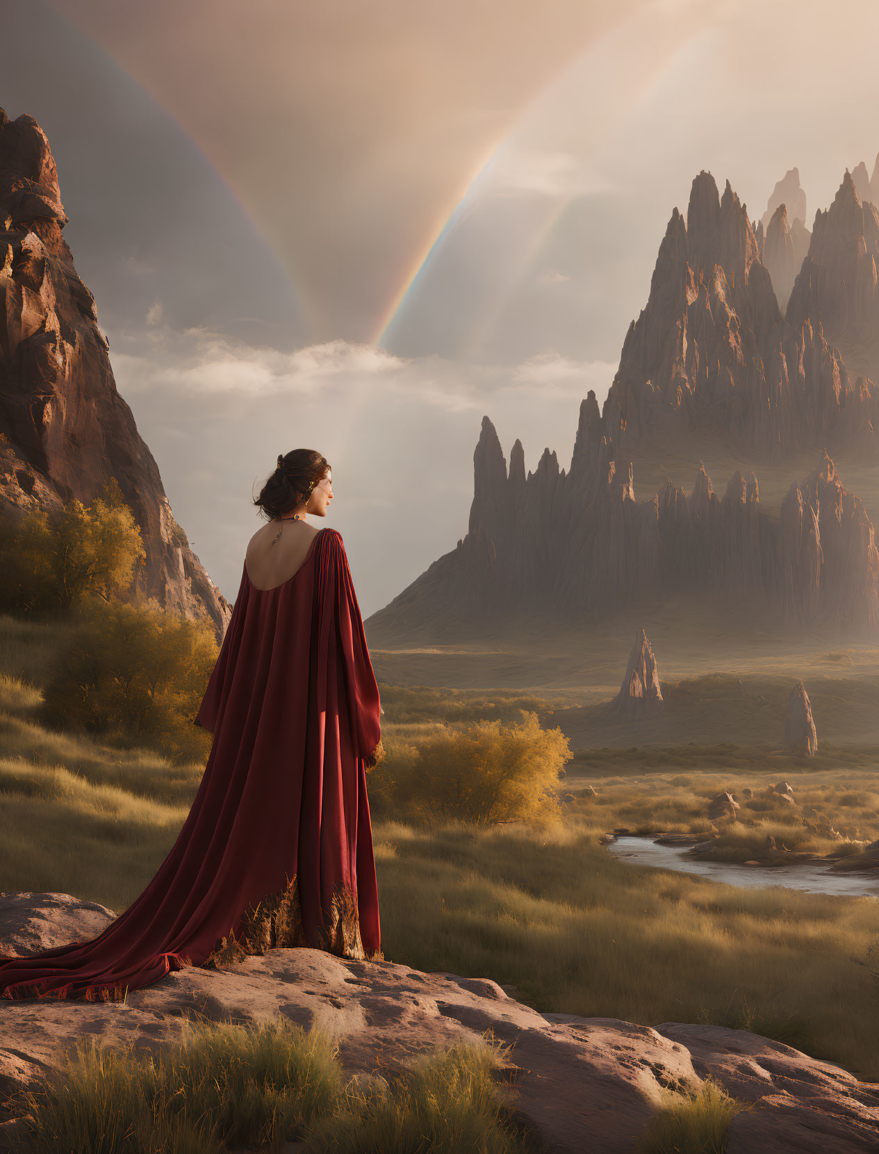 Woman in Red Cloak Gazes at Double Rainbow in Dramatic Landscape