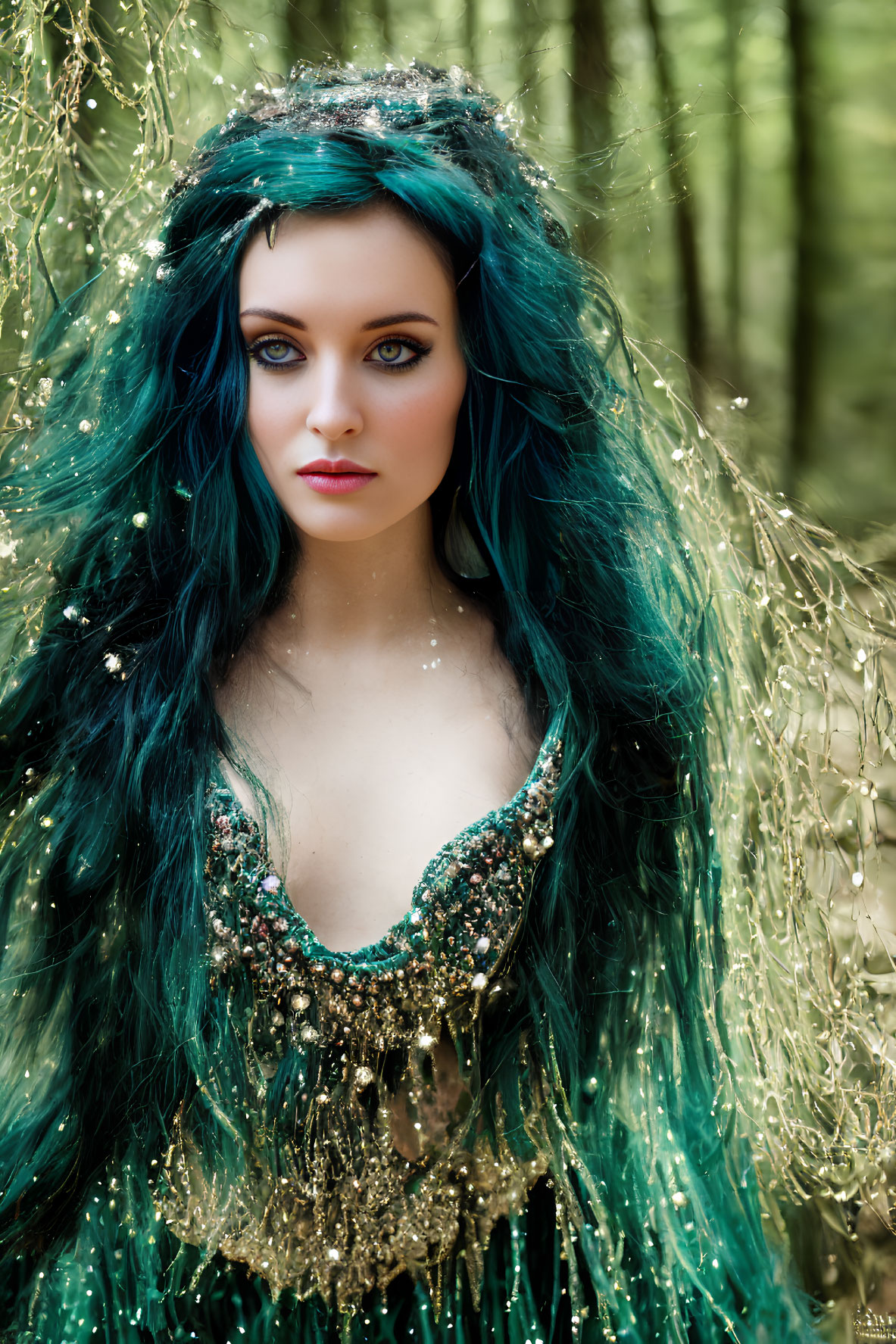 Blue-haired woman in sparkly green dress in woodland setting with compelling gaze