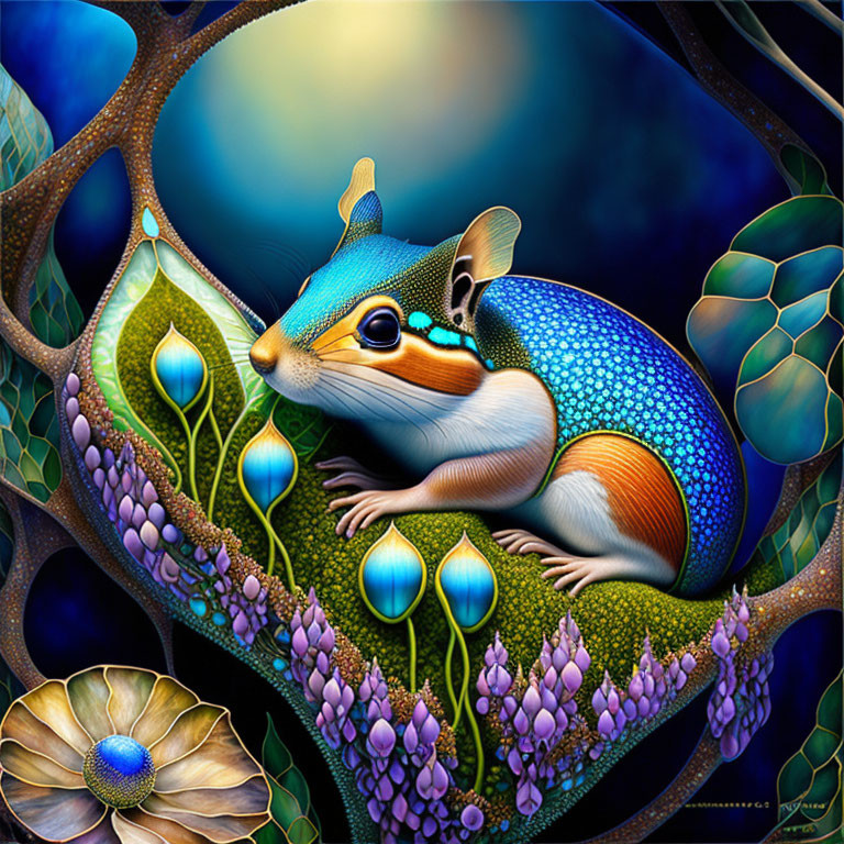 Colorful Fantasy Artwork: Vibrant Blue Squirrel in Luminous Botanical Setting