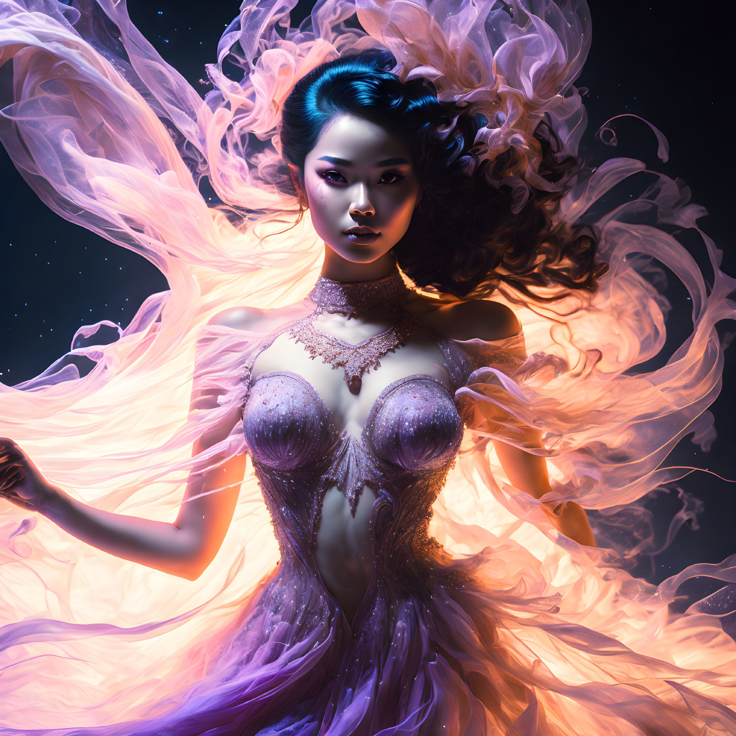 Elaborate Hairstyle and Purple Gown in Dynamic Artwork