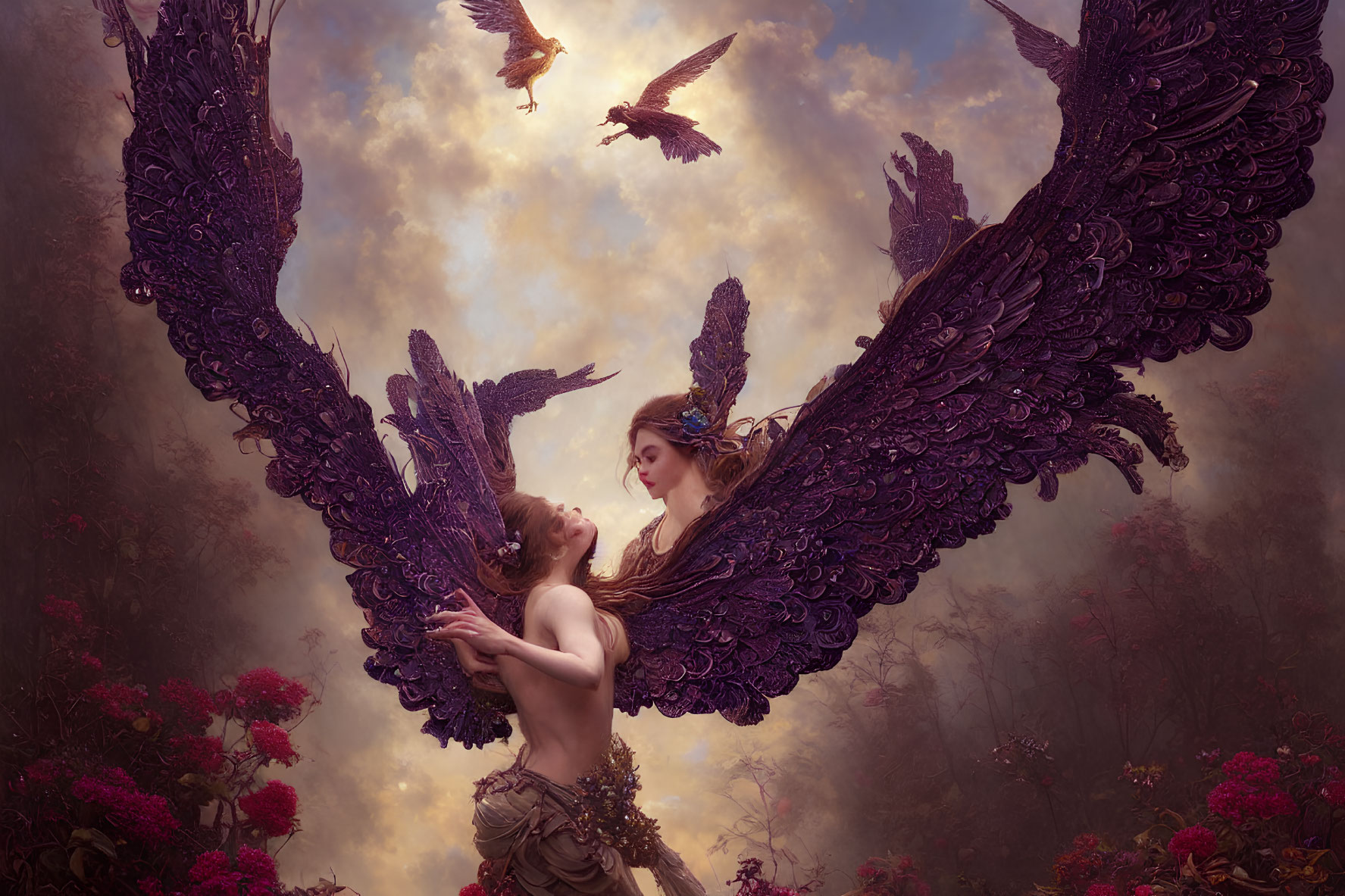 Ethereal figures with ornate wings embrace in mystical forest scene