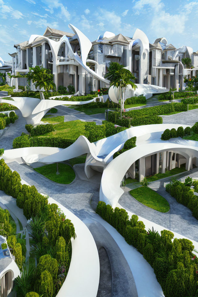 Modern residential complex with fluid architecture, white buildings, green roofs, landscaped gardens under blue sky