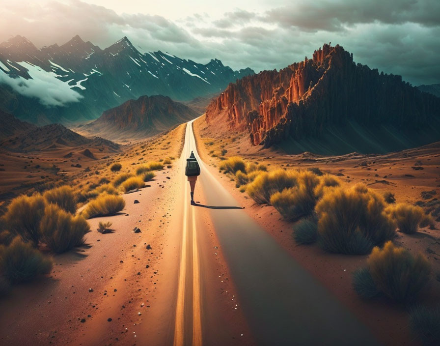 Desert road with sparse shrubbery, dramatic sky, and rugged mountains