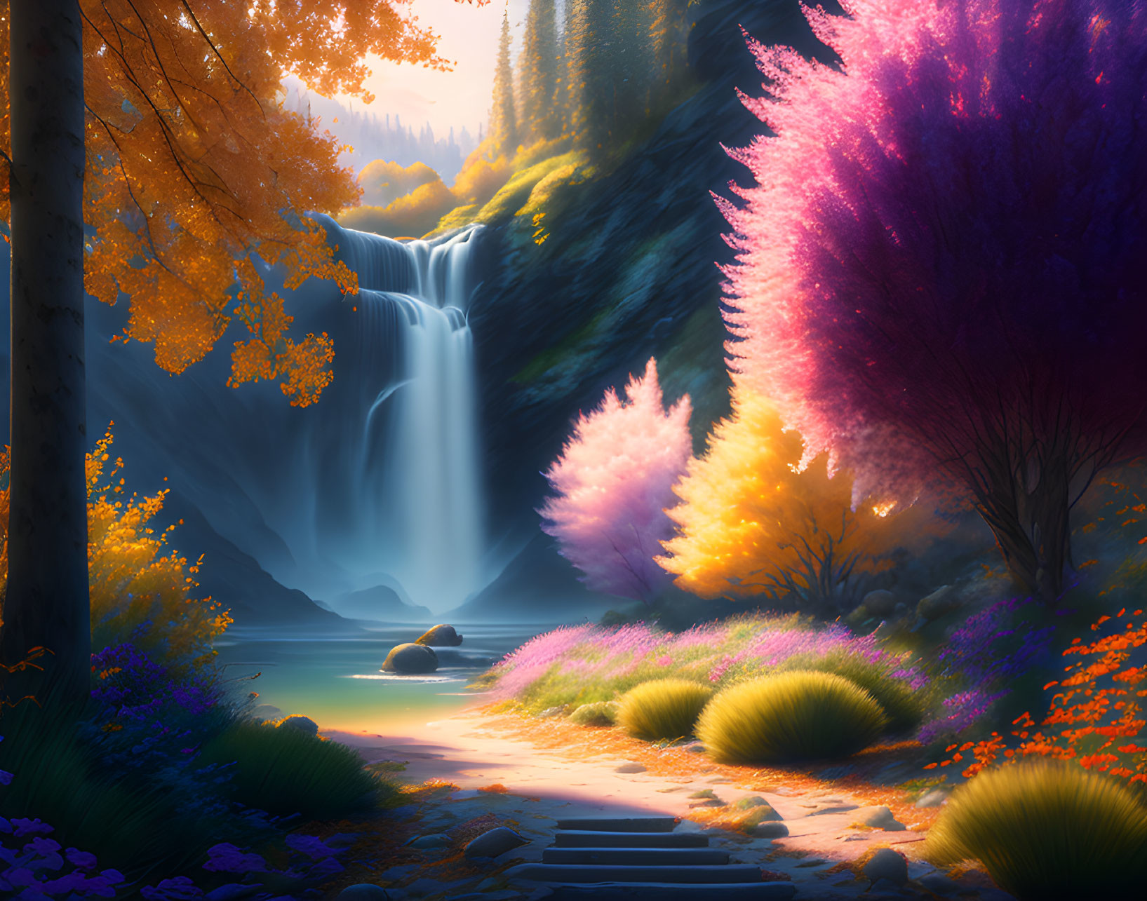 Colorful Autumn Forest with Waterfall and Magical Light