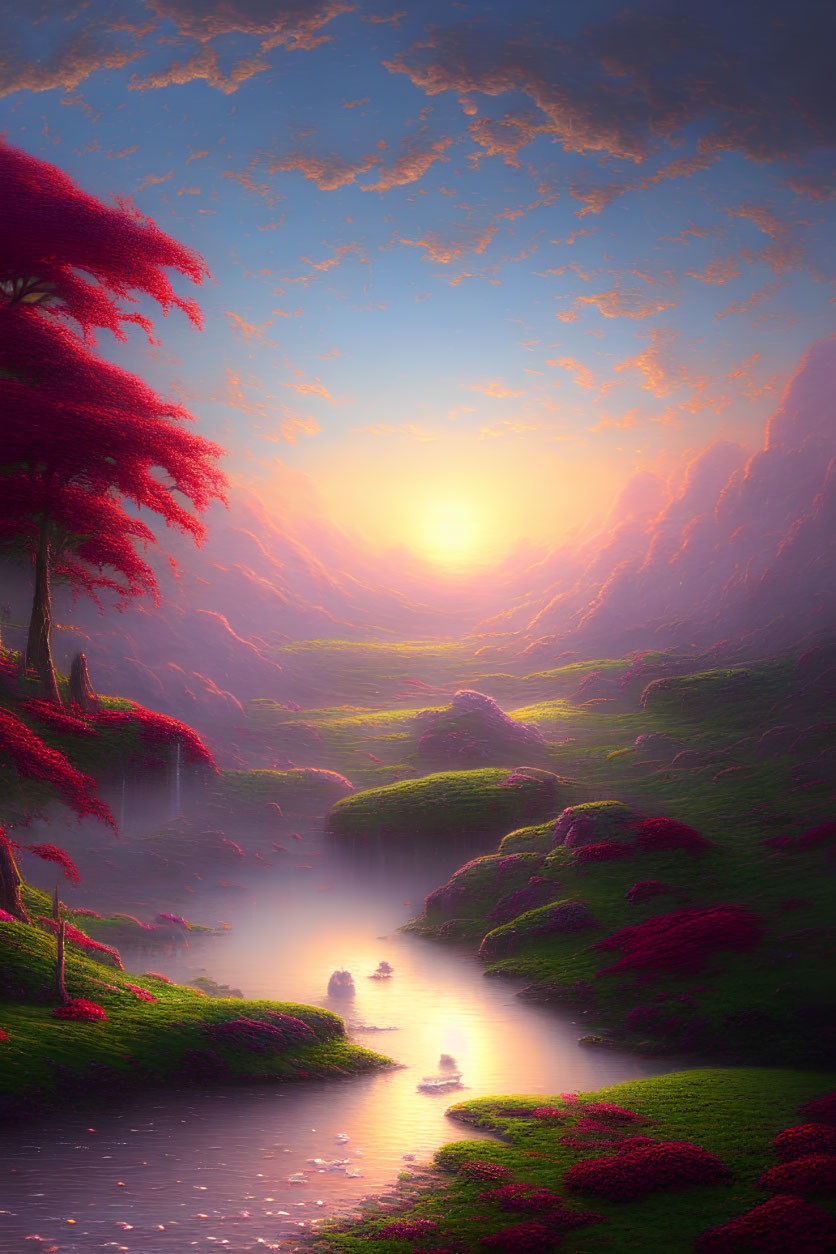 Tranquil fantasy landscape: sunset, river, hills, red foliage, pink sky