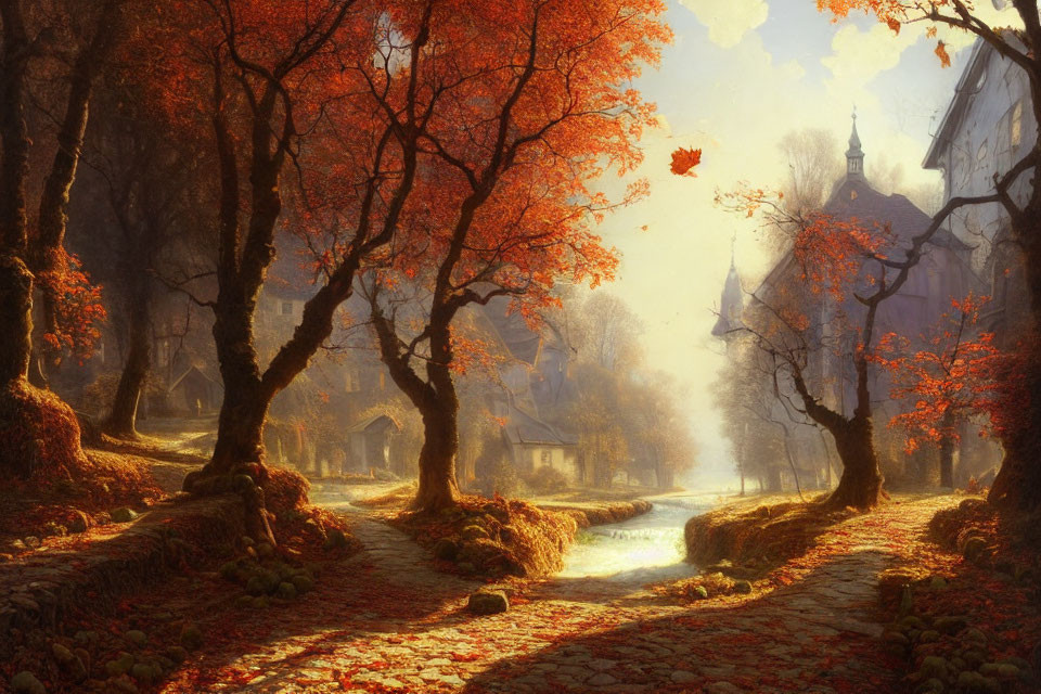 Autumnal scene with red-leafed trees by tranquil river & misty building