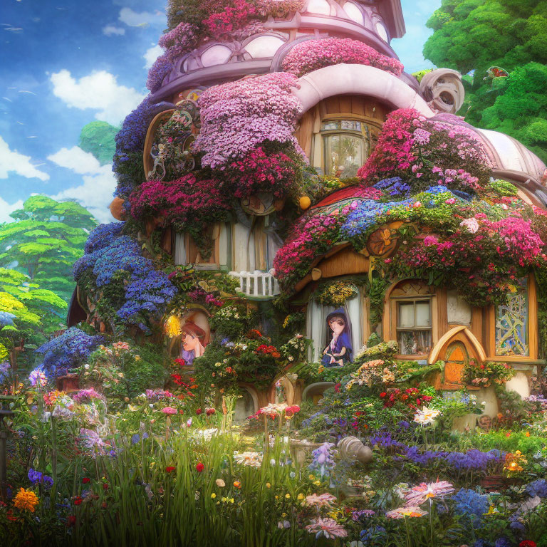 Colorful Flower-Adorned House with Cozy Round Windows