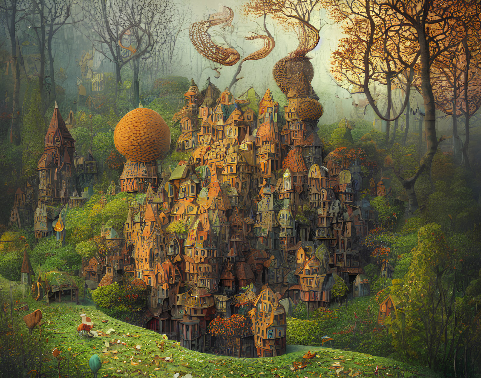 Fantastical Village with Whimsical Architecture in Autumnal Forest