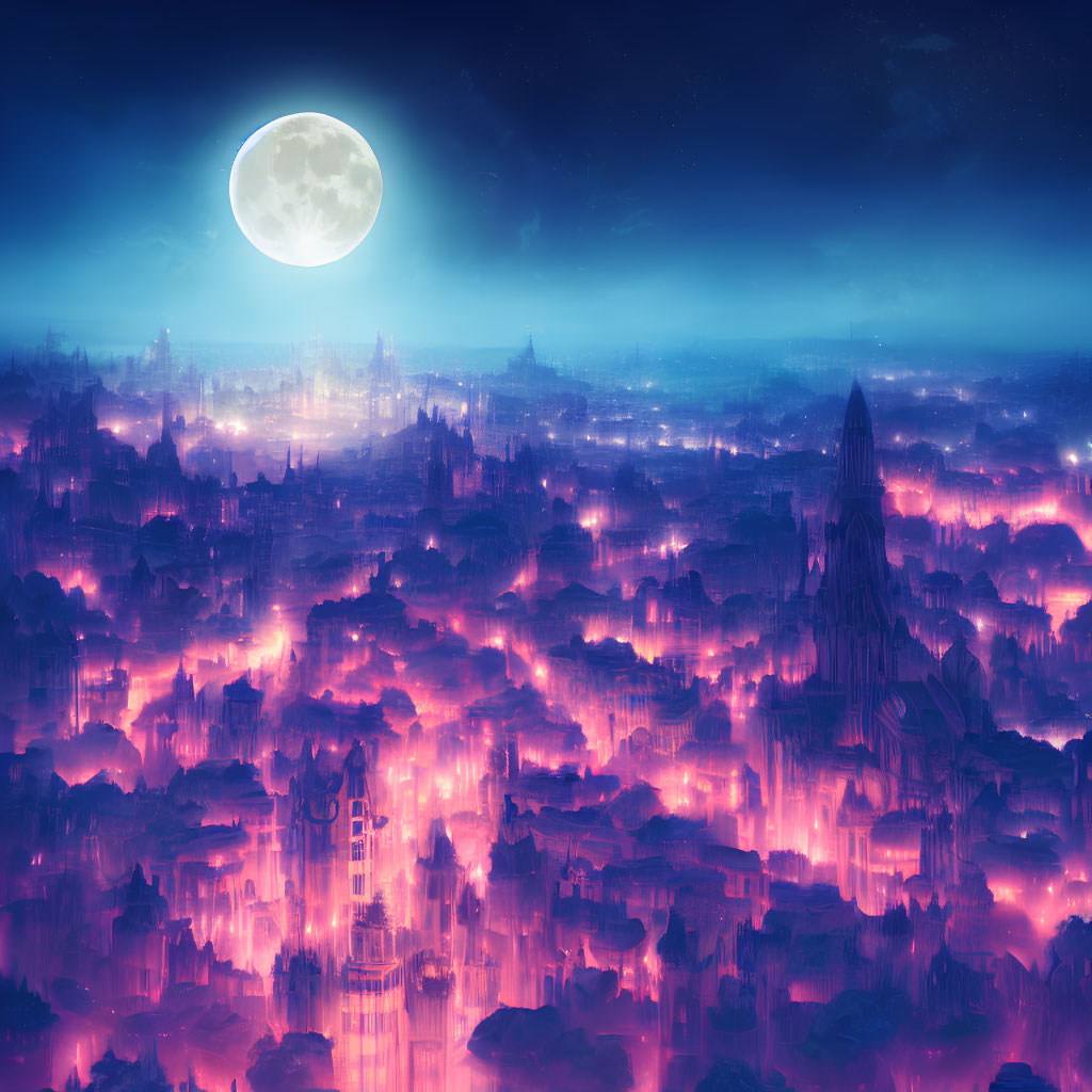 Neon-lit surreal cityscape under full moon