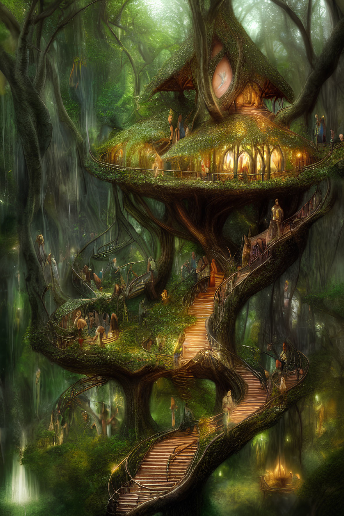 Enchanting forest scene with elaborate treehouse and winding staircases