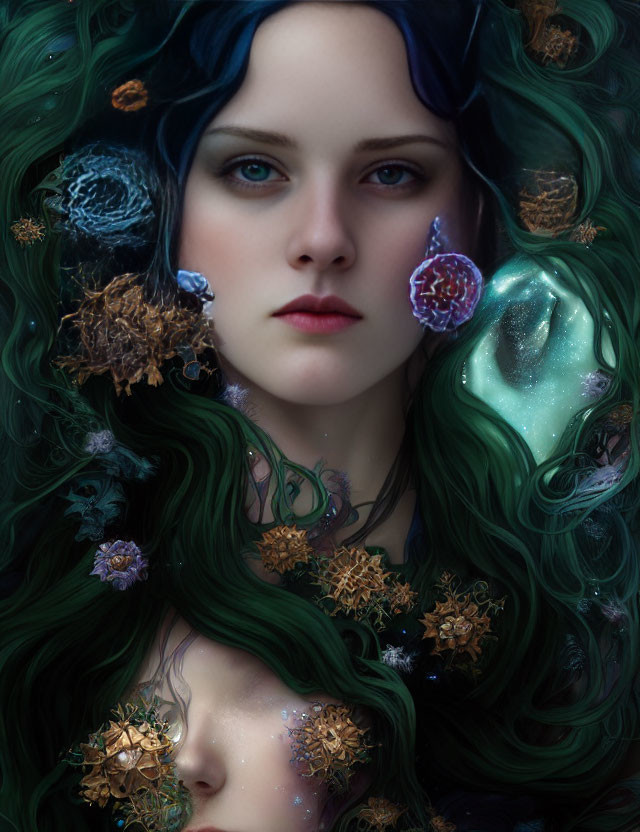 Artwork featuring two women with cosmic and floral elements in deep blue and green wavy hair.