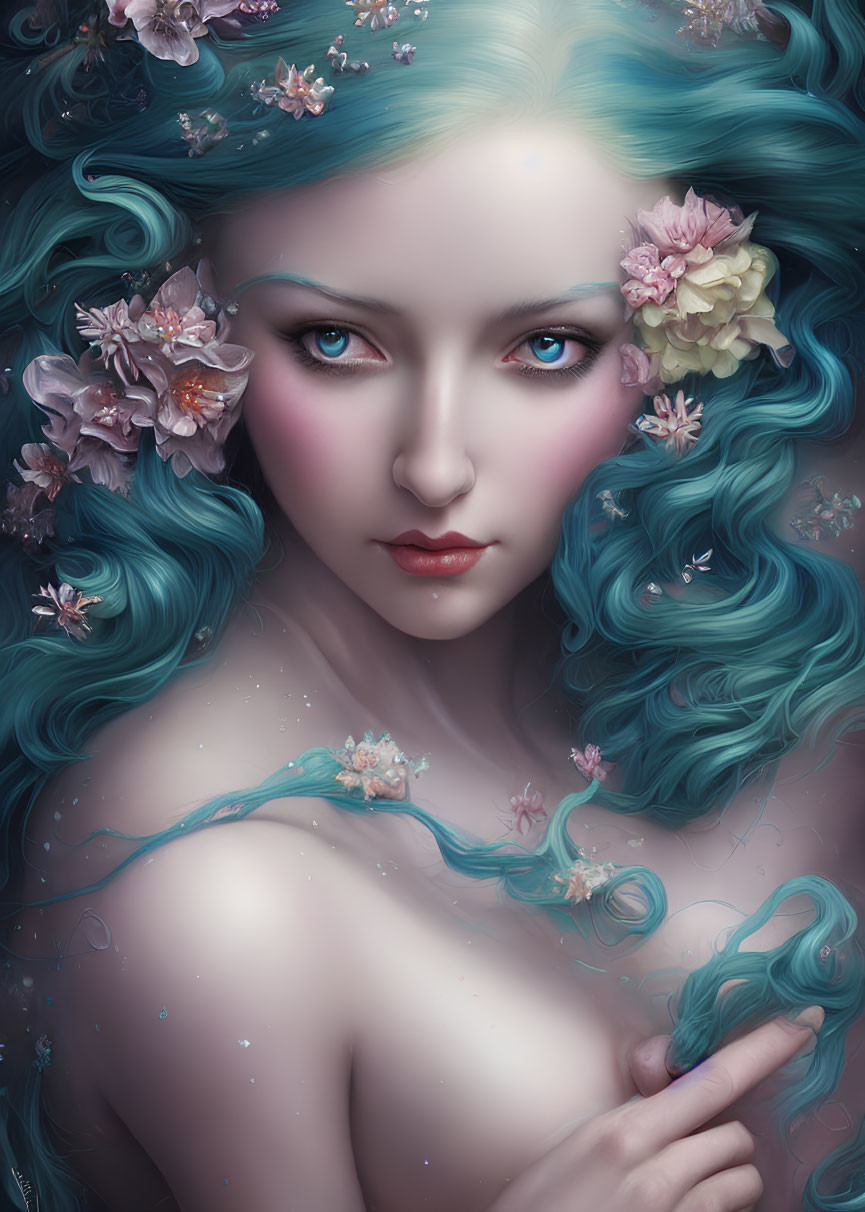 Vibrant Turquoise Hair Woman with Pale Flowers and Blue Eyes