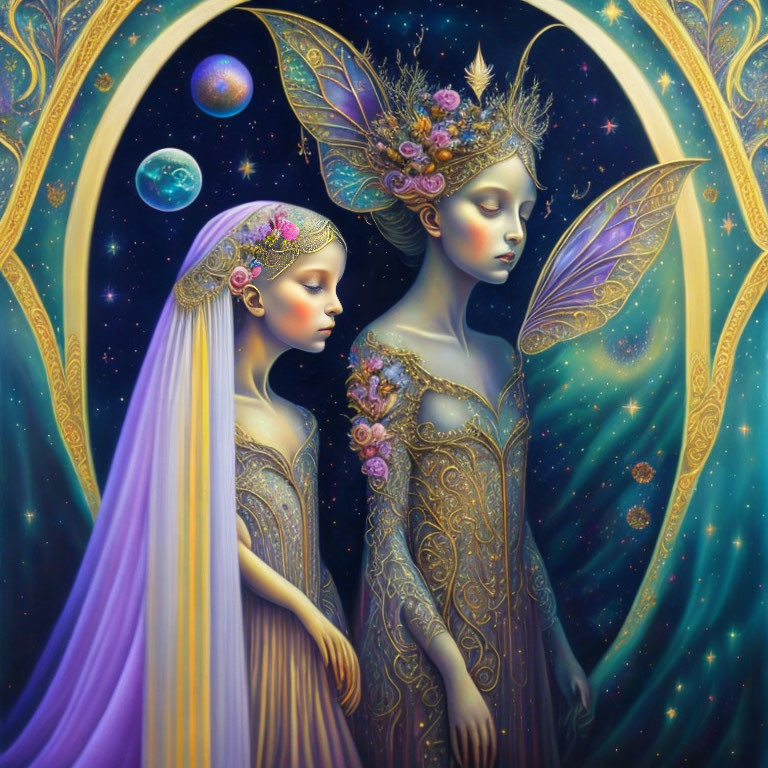 Ethereal fairy figures in ornate gowns with delicate wings against cosmic backdrop