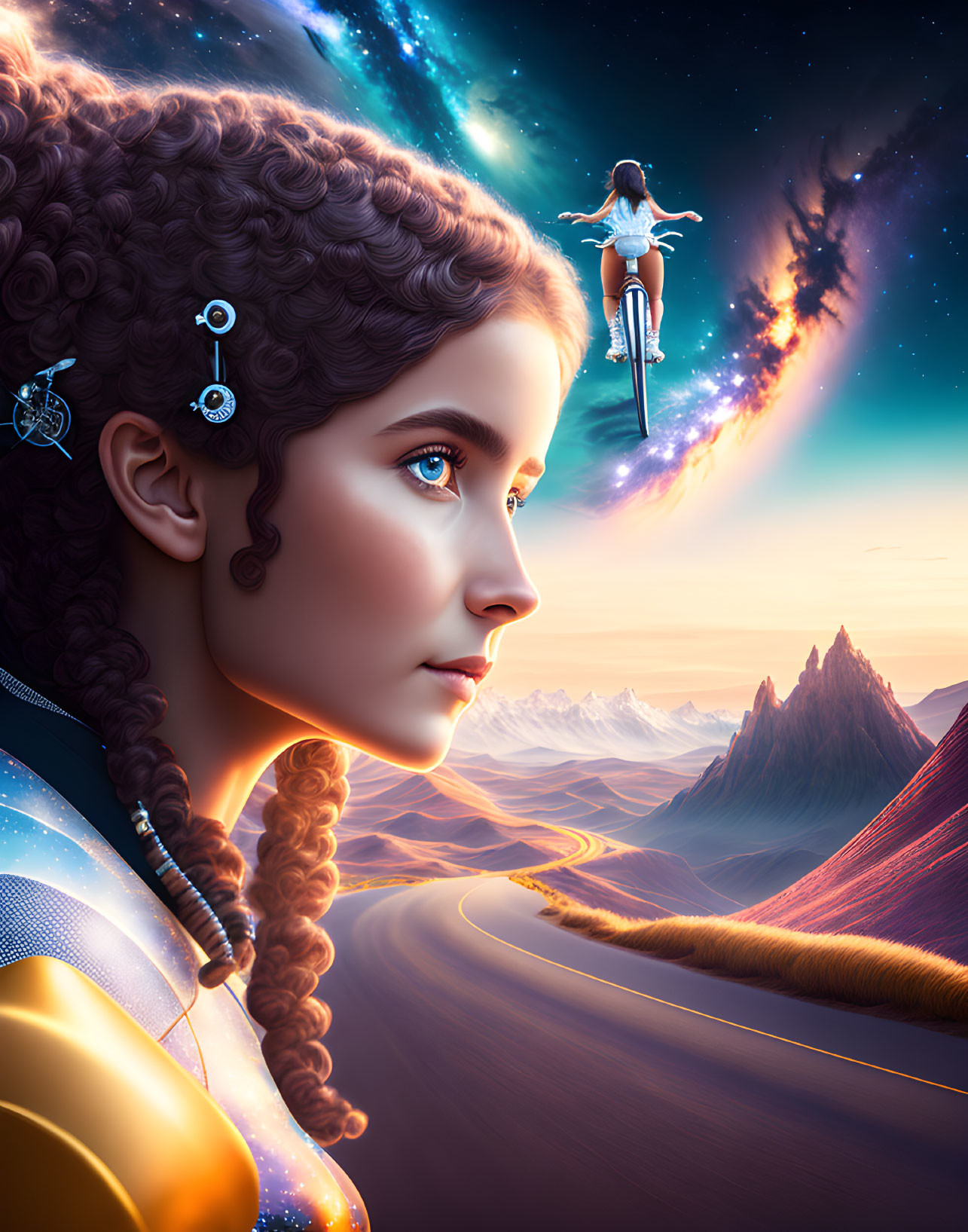 Digital artwork of woman with intricate hair and futuristic accessories gazing at distant figure on hoverbike in cosmic