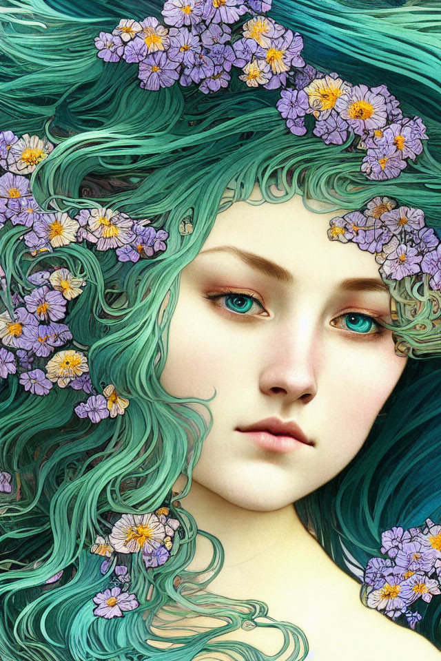 Digital artwork: Woman with teal wavy hair, purple and yellow flowers, sharp features, green eyes