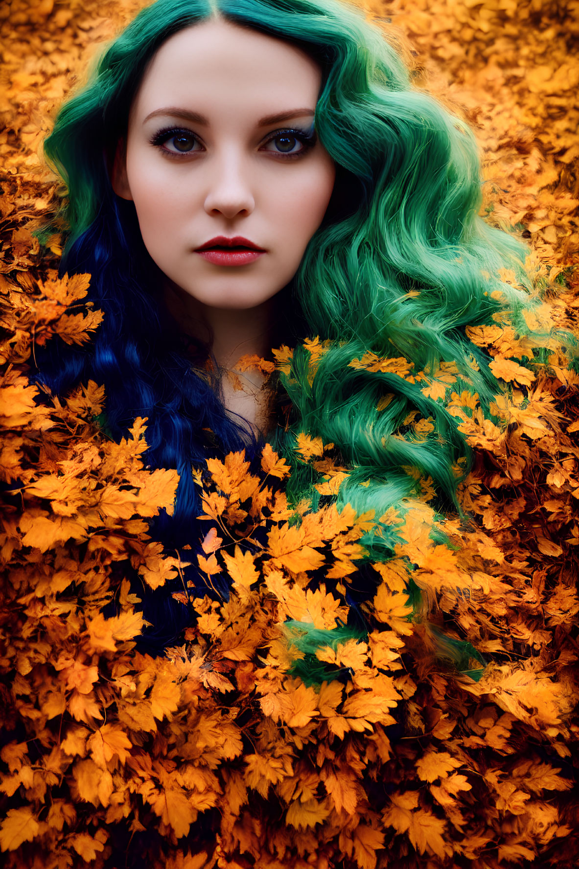 Person with Vibrant Blue-Green Hair Among Orange Autumn Leaves