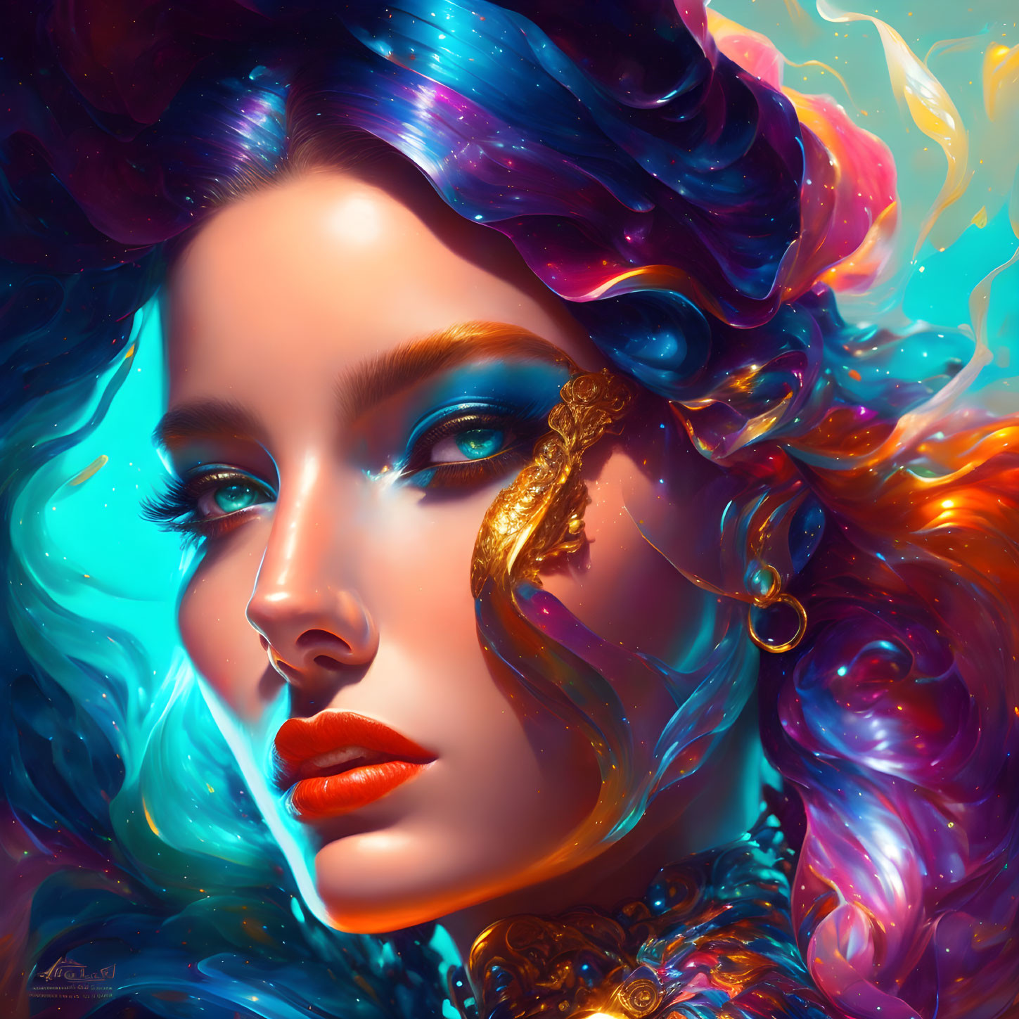 Vibrant multicolored hair & golden facial ornament in digital portrait