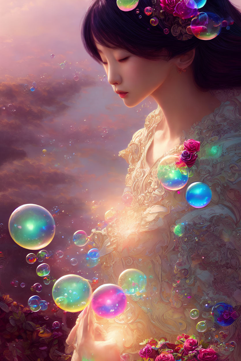 Dark-haired woman surrounded by flowers and bubbles in a dreamy setting