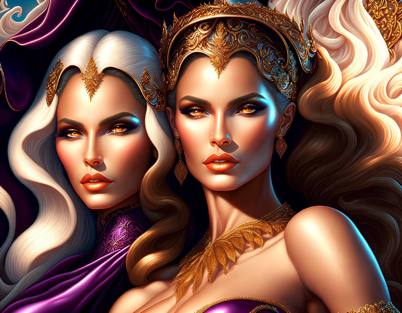 Fantasy digital artwork of two women with ornate crowns and jewelry