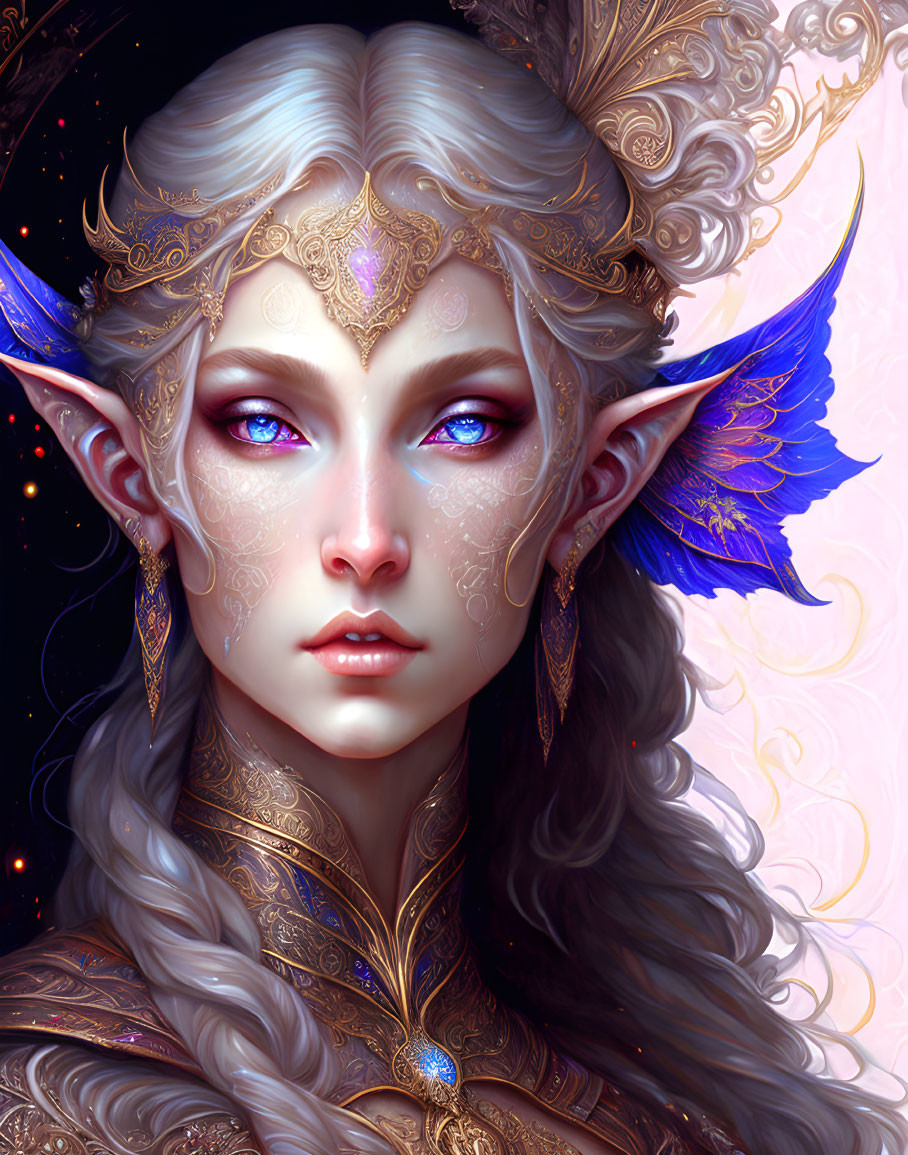 Fantasy elf with gold tattoos, blue ears, eyes, and jewelry on starry backdrop