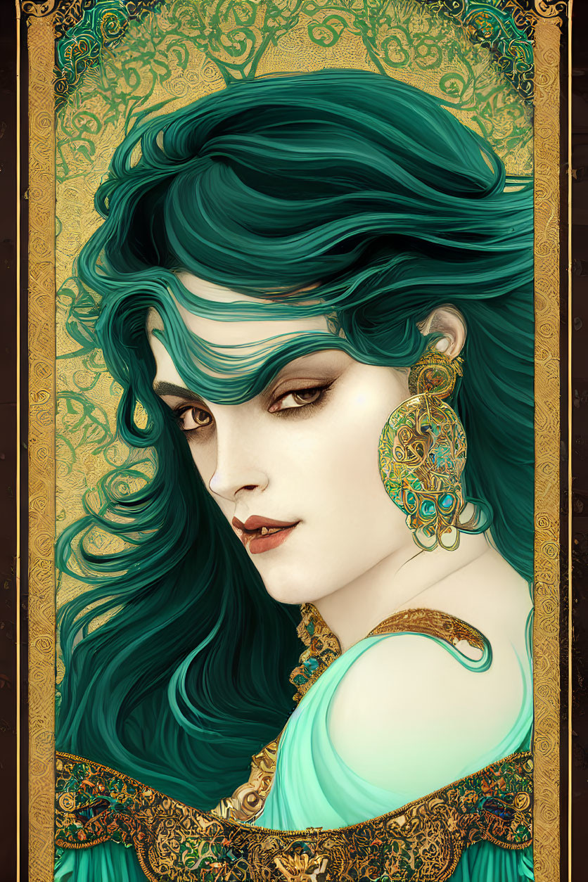 Art Nouveau style illustration of woman with green hair and ornate earring